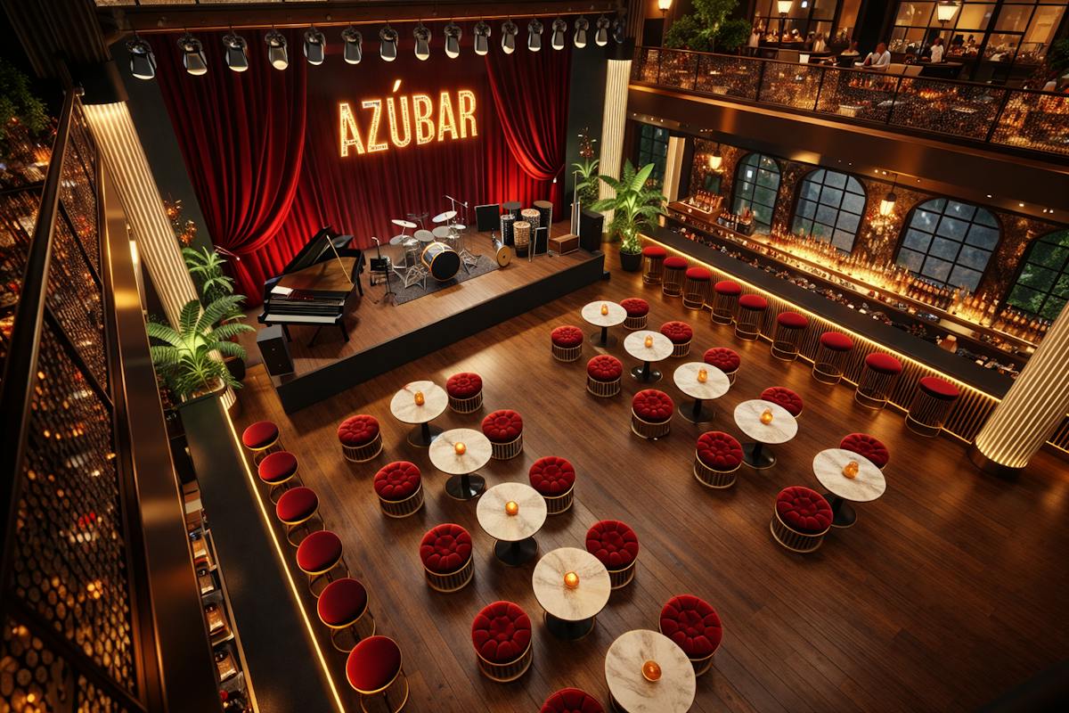 a stage with tables and chairs and a stage with a stage and a piano