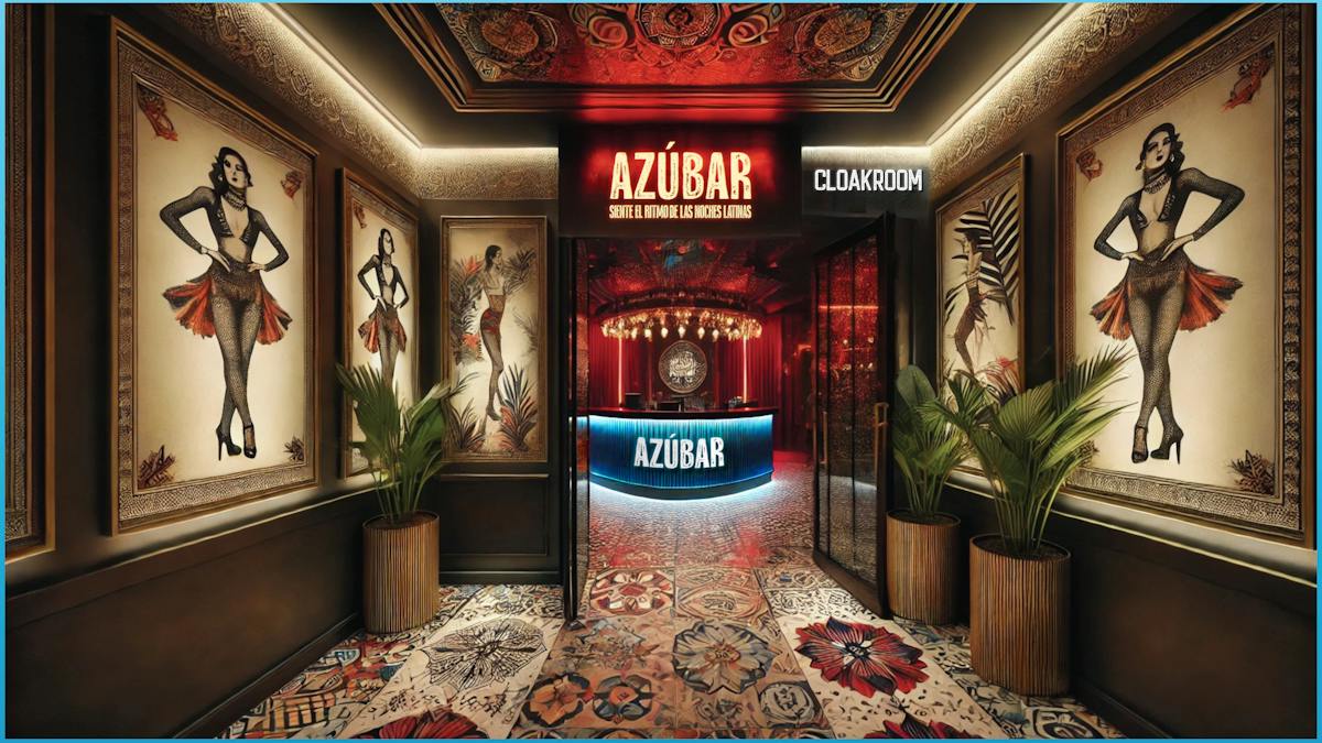 a room with a bar and a sign