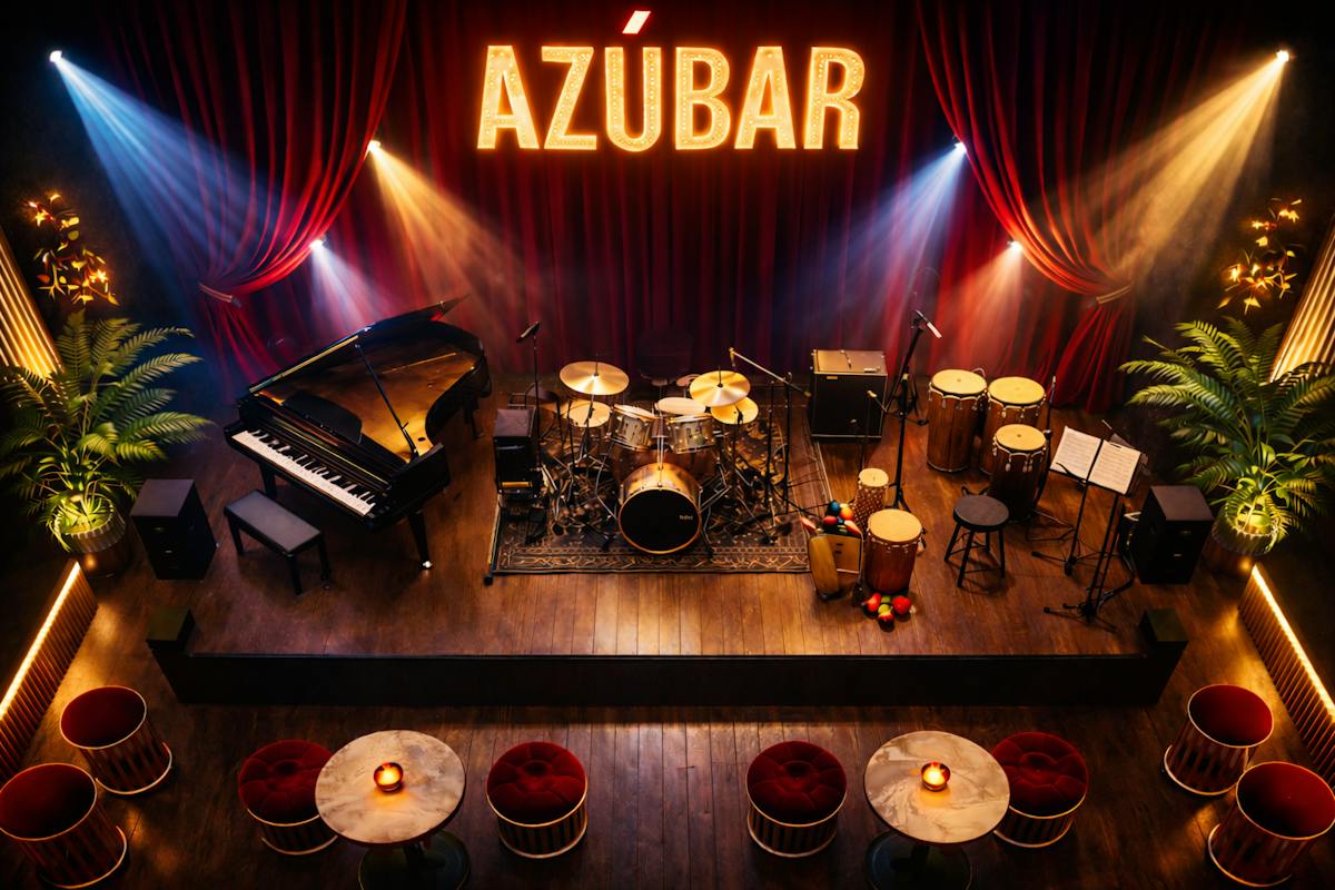 a stage with a piano and drums